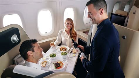 Qantas First Class dining service on Airbus A380 flight to Singapore