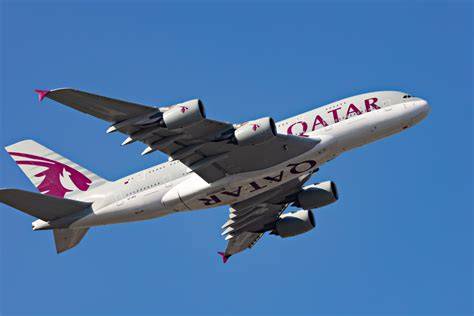 Qatar Airways Airbus A380 departing Hamad International Airport Doha for Amman Queen Alia International Airport
