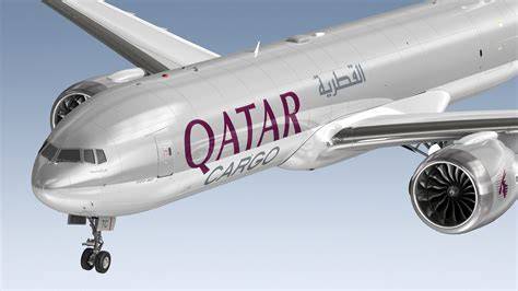 Qatar Airways Cargo Boeing 777-8F freighter rendering with twin engines on tarmac