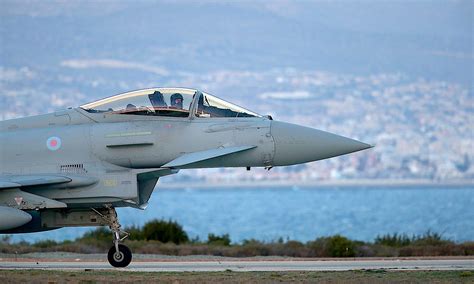 RAF Akrotiri airbase runway and Typhoon fighters in Cyprus