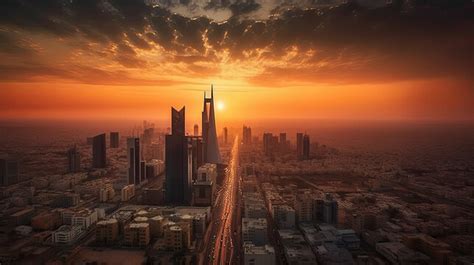 riyadh skyline with king khalid airport in background at sunset