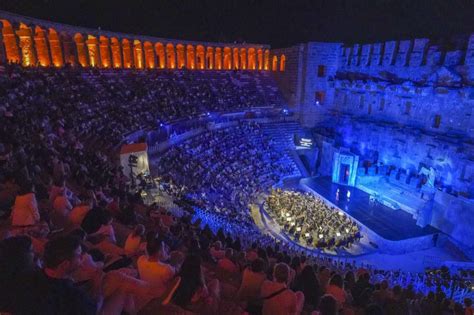 Roman theater in Aspendos illuminated during evening performance