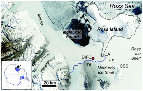 Ross Sea ice shelf near McMurdo Sound with expedition vessel in foreground