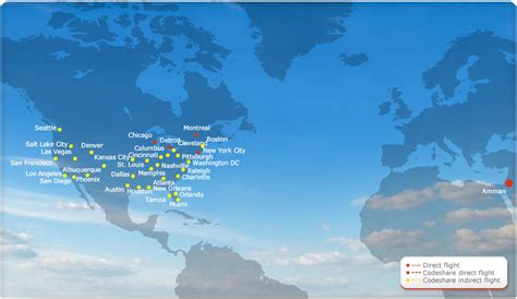 Royal Jordanian North America route map with Dallas highlighted