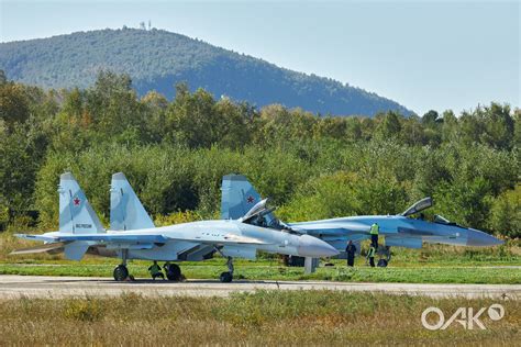 Russian Aerospace Forces Su-35S squadron in formation during operational patrol