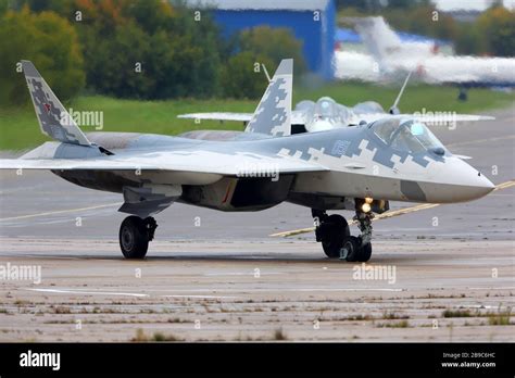 Russian Air Force Su-57 Felon taxiing at Zhukovsky Airfield during military exhibition