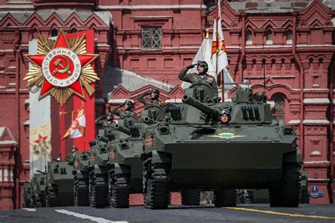 russian tanks rehearsing in red square before victory day celebrations