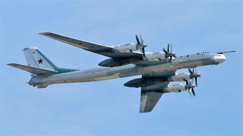 Russian Tupolev Tu-95 Bear bomber with contra-rotating propellers in flight