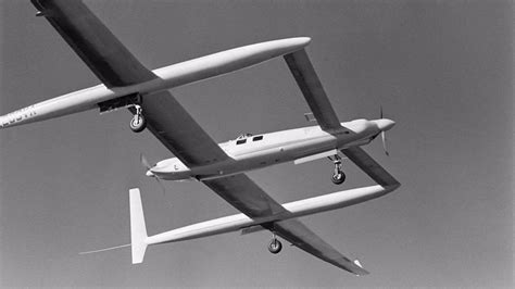 Rutan Voyager during takeoff showing canard and twin boom configuration