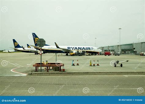 Ryanair aircraft lineup at Stansted Airport ready for boarding