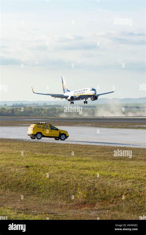 Ryanair Boeing 737-800 parked empty at Chalons Vatry Airport runway