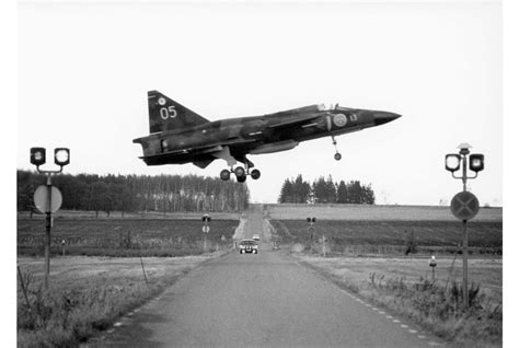 Saab 37 Viggen operating from Swedish highway runway during Cold War
