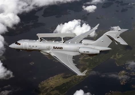 Saab GlobalEye airborne early warning aircraft over maritime region