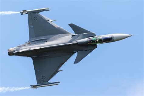 Saab Gripen fighter deploying defensive flares over Baltic Sea