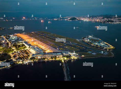 Santos Dumont Airport Rio de Janeiro night approach over Guanabara Bay with Sugarloaf Mountain