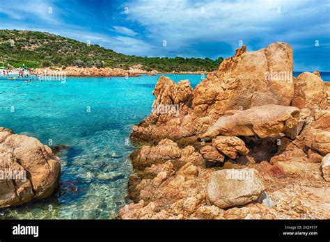 Sardinia Costa Smeralda coastline near Olbia during peak summer tourism season