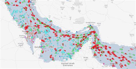 satellite view of oil tankers waiting near the Persian Gulf shipping lanes
