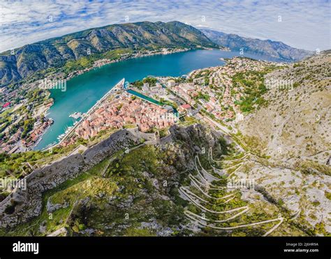 Scenic aerial view of the Bay of Kotor in Montenegro