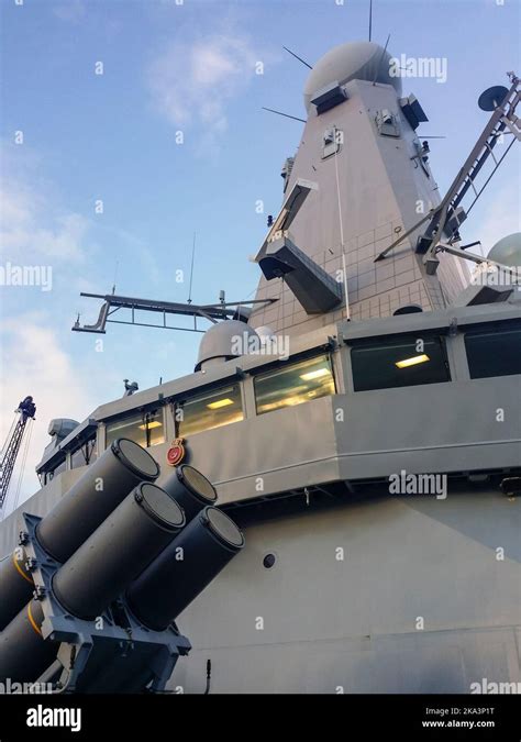 Sea Viper missile launch from Royal Navy Type 45 destroyer during air defense exercise