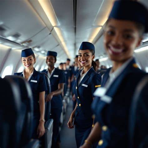 senior US flight attendants working inside commercial aircraft cabin