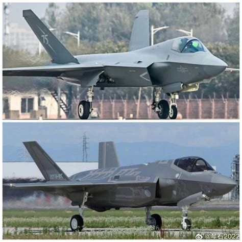 Side-by-side view of J-35A and carrier-capable J-35 highlighting nozzle and structural differences
