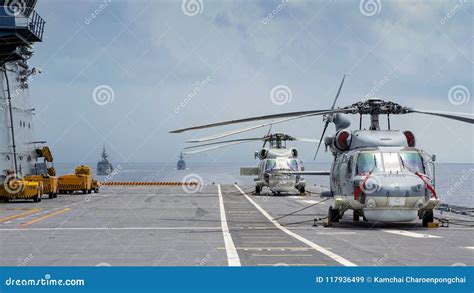 Sikorsky S-70B Seahawk helicopter landing on HTMS Chakri Naruebet deck