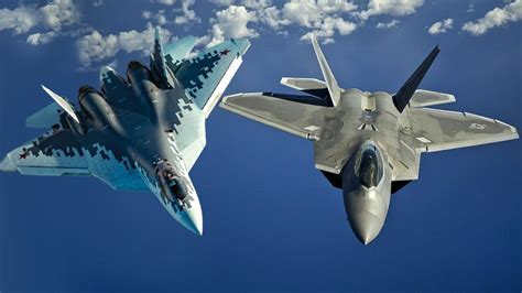 Simulated air combat between an F-22 and Su-57 in beyond-visual-range engagement