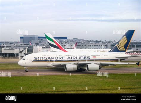 Singapore Airlines Airbus A380 taxiing at London Heathrow Terminal