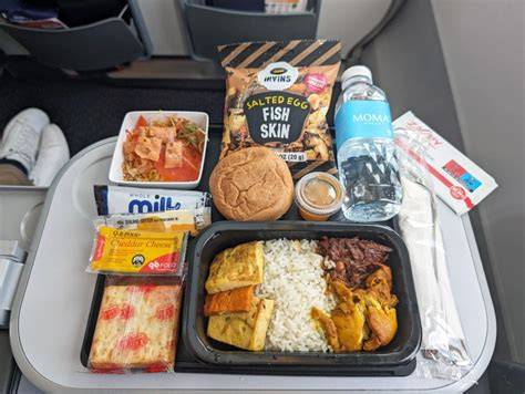 Singapore Airlines economy class meal with printed menu Asian and Western food choices