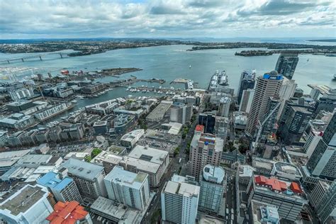 skyline of Auckland city with Sky Tower, viewed from the harbor