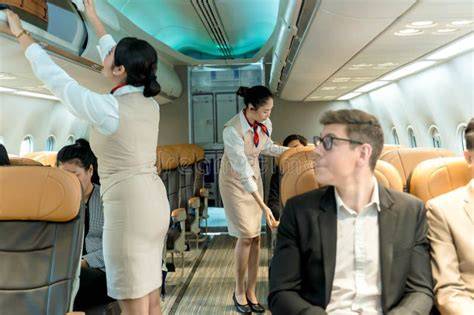 SkyWest Airlines regional jet cabin crew welcoming passengers before departure