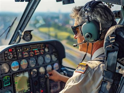 smiling couple with headphones inside helicopter above Florida coast