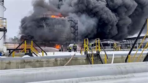 Smoke rising from a Russian oil refinery following Ukrainian drone strike