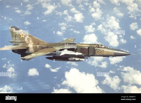Soviet MiG-23M in flight, 1989, right-side view during Cold War era