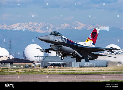 Special livery F-16 of 120th Fighter Squadron cruising above Colorado’s Front Range