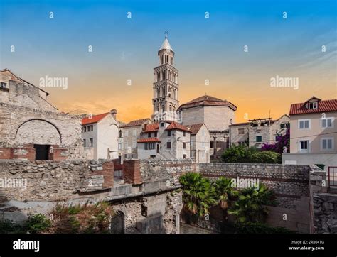 Split old town and Adriatic harbor at sunset