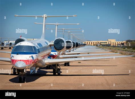 Stored Airbus A320neo aircraft lined up at Pinal County Airport desert storage facility