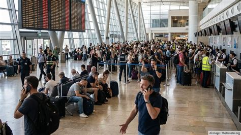 Stranded international passengers at Ben Gurion Airport, Tel Aviv, checking canceled flight displays