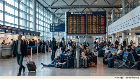 stranded passengers at European airport terminal with flight cancellation boards visible