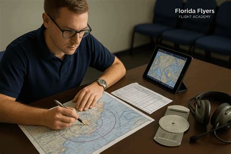 student pilot planning cross-country flight with paper charts