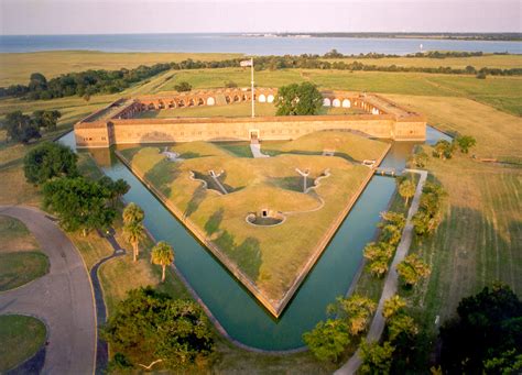 sunset aerial view of Fort Pulaski and Savannah River