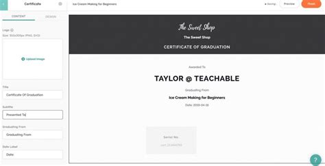 Teachable course builder showing certificate setup and affiliate links