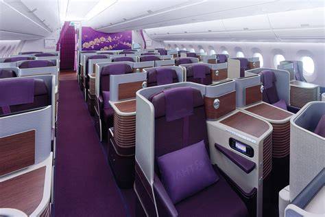 Thai Airways Boeing 777-200ER Royal Silk business class cabin at Bangkok Suvarnabhumi