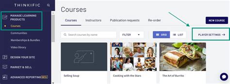 Thinkific course interface with quizzes and video lessons