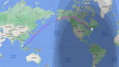 Time lapse graphic showing SIN-JFK direct vs via DOH on world map