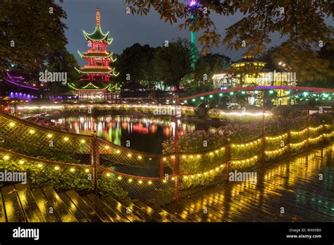 Tivoli Gardens illuminated at night Copenhagen amusement park