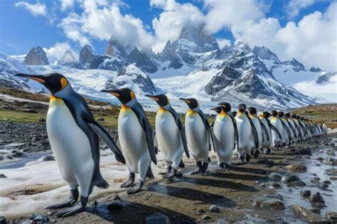 tourist outfitted in full Antarctica gear walking on snowy terrain near penguins