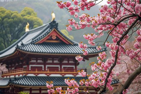 traditional Japanese temple surrounded by cherry blossoms