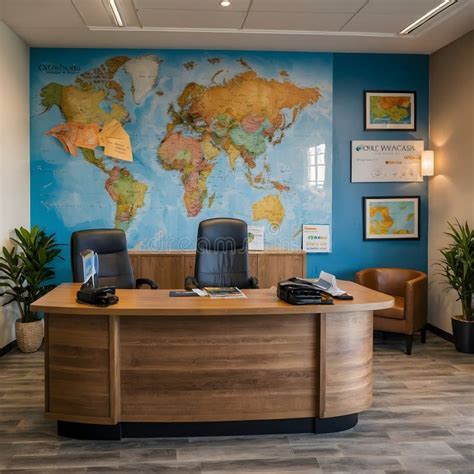 travel agent desk with open maps and booking screen in New Castle office