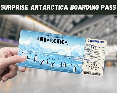 traveler holding Swoop Antarctica boarding pass with glacial landscape in background